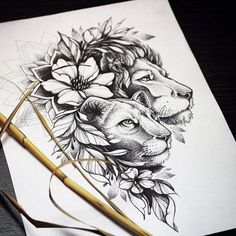 a drawing of two lions with flowers on their head and a pencil next to it