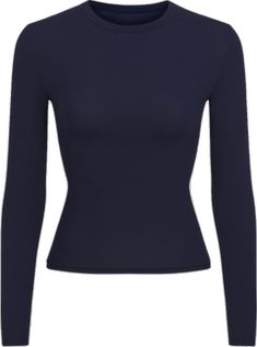 Solid Color Long Sleeve Snug Fit Tops, Solid Color Soft Stretch Long Sleeve Tops, Solid Long Sleeve Tops With Soft Stretch, Long Sleeve Tops With Thumbholes And Minimal Stretch, Stretch Elastane Crew Neck Long Sleeve Top, Stretch Crew Neck Long Sleeve Top, Stretch Elastane Long Sleeve Crew Neck Top, Long Sleeve Tops With Thumbholes, High Stretch Crew Neck Long Sleeve Top With Thumbholes