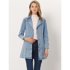 Add some elegance to your ensemble courtesy of this jacket that boasts a denim design and a long, flowing fit. It's cut with structured denim that has front pockets, a notched collar, and a belt at the waist. A wardrobe staple to see you through the season, it is an effortless look for any ensemble. Wear them on those tricky in-between-season days and pair them with straight-leg jeans and ankle boots. Chic Denim Blue Button-up Outerwear, Long Sleeve Washed Denim Blue Outerwear, Denim Blue Washed Long Sleeve Outerwear, Winter Medium Wash Single Breasted Outerwear, Casual Denim Single-breasted Blazer, Casual Denim Single Breasted Blazer, Chic Dark Wash Button-up Outerwear, Trendy Spring Outerwear With Hidden Button Closure, Light Wash Denim Button-up Outerwear