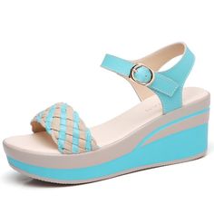 Brand Name: muhuisenUpper Material: GENUINE LEATHERHeel Height: High (5cm-8cm)With Platforms: YesPlatform Height: 3-5cmOccasion: DressSandal Type: BasicHeel Type: WedgesLining Material: PUSide Vamp Type: OpenOutsole Material: RubberClosure Type: Buckle StrapFit: Fits true to size, take your normal sizeBack Counter Type: Back StrapFashion Element: BuckleStyle: FashionModel Number: 8400Pattern Type: Mixed ColorsInsole Material: PUwhite blue: Cow split leather Blue Cow, Sandals Wedge, Platform Flip Flops, Leather Shoes Woman, Up Shoes, Blue Shoes, Wedge Heels, Wedge Sandals, Fashion Models