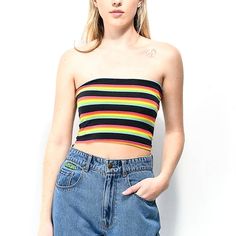 Brand New! Black & Rainbow Striped Tube Top By A-Lab Size Medium 95% Cotton 5% Spandex Trendy Rainbow Print Striped Tops, Trendy Striped Rainbow Print Tops, Trendy Rainbow Top For Pride, Rainbow Sleeveless Fitted Top, Trendy Striped Tops With Rainbow Print, Rainbow Fitted Sleeveless Top, Fitted Rainbow Sleeveless Top, Multicolor Stretch Cotton Crop Top, Trendy Rainbow Sleeveless Top