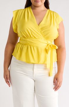 Go from the work day to weekend in this lightweight silk-kissed wrap top fashioned with cap sleeves, a tie waist and fluttery peplum. True wrap style with side tie closure Surplice V-neck Cap sleeves 85% viscose, 15% silk Dry clean Imported Empire Yellow, Wrap Top, Cap Sleeve, Wrap Style, Cap Sleeves, Nordstrom Rack, Top Styles, Shirt Blouses, Top Blouse