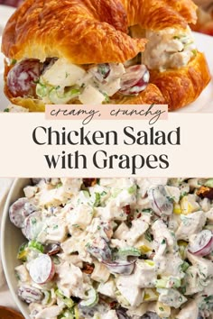 chicken salad with grapes and croissants on the side