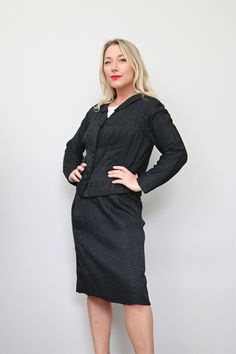 "Gorgeous Terry-Allen Suit set in size Sm. Dress zips up the back with a metal zipper. Sleeveless with a semi-sheer white bodice. The skirt of the dress has unique hidden pockets, mid-point on the front of the waist. The jacket has beautiful details like a princess seaming, rounded fabric buttons and a Peter Pan style collar. Fully line in matching black silk fabric. Fabric is a woven rayon with a shimmery black geometric pattern woven throughout. This set is in impeccable condition with the ori Black Fitted Long Sleeve Skirt Suit, Fitted Black Skirt Suit For Business, Black Fitted Skirt Suit For Formal Occasions, Formal Black Fitted Skirt Suit, Fitted Black Workwear Sets, Fitted Black Skirt Suit For Office, Black Fitted Skirt Suit For Office, Fitted Black Skirt Suit For Spring, Vintage Black Fitted Skirt Suit