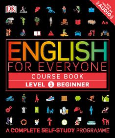 the english for everyone course book is shown in red and black, with an image of people