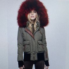 Military Green Hooded Puffer Coat With Real Fox Fur Red Hood . Red Fitted Outerwear With Faux Fur Trim, Fitted Red Outerwear With Faux Fur Trim, Luxury Red Fall Outerwear, Luxury Red Winter Outerwear, Red Fur, Red Hood, Fox Fur, Military Green, Puffer Coat