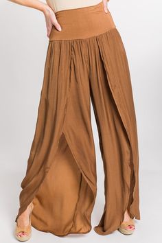 Split Pants, Bronze :: NEW ARRIVALS :: The Blue Door Boutique Casual Solid Bottoms With Side Slits, Loosely Fitted Brown Bottoms With Elastic Waistband, Brown Bottoms With Elastic Waistband And Loosely Fitted Hips, Versatile Brown Summer Pants, Brown Stretch Pants With Elastic Waistband, Stretch Brown Pants With Elastic Waistband, Casual Pants With Side Slits, Chic Solid Color Bottoms With Split Design, Brown Stretch Ankle-length Wide Leg Pants