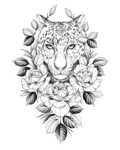 a leopard surrounded by flowers and leaves