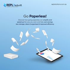 a tablet with papers flying out of it and the caption reads go paperless