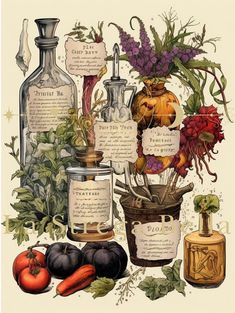 an illustration of various bottles with labels on them and vegetables in the bottom right corner