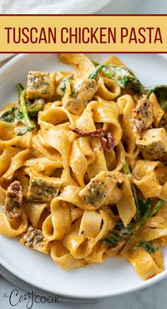 tuscan chicken pasta on a white plate with pappardelle pasta, bacon, spinach and chicken Pasta One Pot, Pappardelle Recipe, Tuscan Chicken Pasta, Seasoned Chicken, Tuscan Chicken, Favorite Recipes Dinner, Tasty Pasta