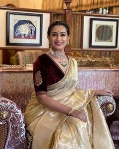 Swapna Reddy 🧿 | Adorning tissue ✨feeling like royalty.” The Gold Tissue with hand embroidered border, intricately woven with Zari and Zardosi,extends to a… | Instagram Velvet Blouse Design, Bollywood Designer Sarees, Golden Saree, Lace Saree, Velvet Blouse, Tissue Saree, Blouse Designs Indian