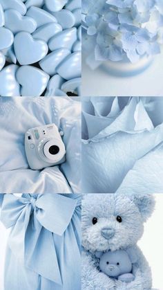 blue and white wedding theme with teddy bear, camera and flower arrangement in collage