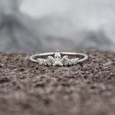 a close up of a diamond ring on top of a stone surface with rocks in the background