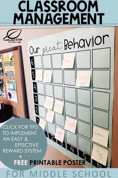 a classroom management board with sticky notes on it and the words, our great behavior is free printable poster for middle school students