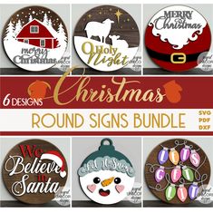 six christmas round signs with santa claus, snowman, reindeer and other holiday decorations