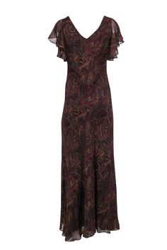 Make a stylish statement in this Lauren Ralph Lauren maxi dress! The precious paisley print in maroon, teal, and tan is perfect for an autumn event. With an elegant maxi length and romantic ruffled shoulder detail, you'll turn heads in this unique dress. Go glam with a strappy gold heel or add a pop of color with teal pumps. Size 10 100% Silk Lined Pullover V-neck Ruffled shoulder detail Maxi length Light fraying blemish at v-neckline Bust 34" Waist 30.5" Shoulder to hem 62.5" Elegant Paisley Print Dress, Fitted Paisley Print Evening Dresses, Fitted Evening Dress With Paisley Print, Elegant Paisley Print Maxi Dress For Fall, Brown Maxi Dress For Formal Fall Occasions, Brown Formal Maxi Dress For Fall, Fall Formal Brown Maxi Dress, Sleeveless Paisley Print Maxi Dress For Party, Fitted Paisley Print Fall Dresses