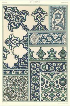 an ornate tile design in blue and white with different designs on the tiles, including flowers