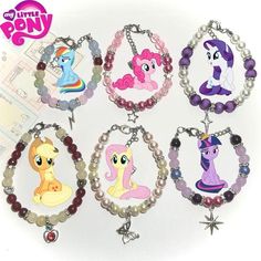 ⋆.ೃ࿔*:･ My Little Pony Mane 6 inspired bracelets !*ੈ → PRICE IS FOR ONE BRACELET → FREE SHIPPING for USA $35+  assorted beads + silver plated charms, strong jewelry wire, stainless steel findings/chains ❀ Care tip: In order to keep your bracelets in good condition, please keep it away from water 🫧⋆｡˚instagram & tiktok: @batbeadsco Pony Beaded Bracelets, My Little Pony Mane 6, Fluttershy Twilight, Rarity Applejack, Fluttershy Rainbow Dash, 19 Birthday, Diy Couple Bracelets, Cute Group Halloween Costumes, Pony Bead Bracelets