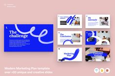 the modern marketing plan template is displayed on a pink background with blue and white accents