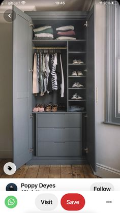 an open closet with clothes and shoes in it