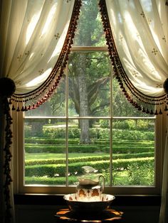 a window with curtains and a teapot in front of it, overlooking a garden