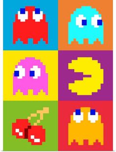 an image of pixel art with four different colors and two characters in the same style