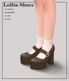 a woman's legs wearing brown and white high heeled shoes with the words, lollita shoes