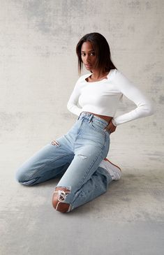 Make a bold statement this season with PacSun's Light Blue Ripped '90s Boyfriend Jeans. These laidback jeans feature a high-rise fit, rigid denim fabrication, and ripped details throughout, while the longer stacked inseam and baggy leg bring some added comfort to the fit.

Learn more about PacSun eco items Jeans Pacsun, Distressed Mom Jeans, Pacsun Jeans, Distressed Boyfriend Jeans, Dream Wedding Ideas Dresses, Comfy Fits, Baggy Fits, Pacsun, Boyfriend Jeans