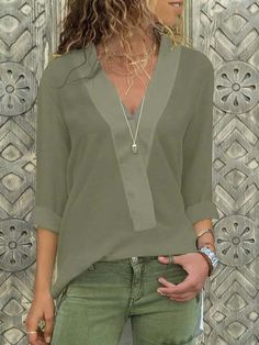 Solid Casual Blouses, Black / XL Summer Long Sleeve Office Top, Chic Solid Color Split Neck Blouse, Chic Solid Split Neck Blouse, Chic Solid Color Split Neck Tops, Casual V-neck Office Tops, Casual V-neck Tops For Office, V-neck Office Tops For Spring, Green Summer Tops For Office, V-neck Tops For Office Use In Spring