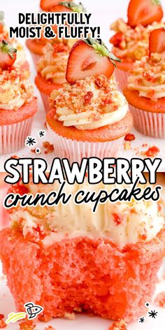 strawberry crunch cupcakes with frosting and strawberries on top