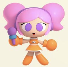 a cartoon character with pink hair and purple eyes is holding a toy in her hand