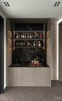 an elegant bar with marble counter tops and shelves