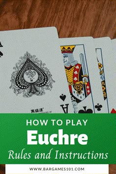 four playing cards with the words how to play eughre rules and instructions