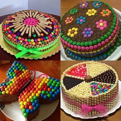 there are four cakes decorated in different colors