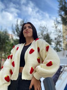 Welcome to my boutique. All cardigans are 100% handmade. You can order cardigans in any size and model you want (cloud cardigan, strawberry cardigan, donut cardigan, etc.) 🥰 * The model is size (M-L) 💃 * Model Height: Height 160 cm - Weight 62 kg Note: You can send a message for children's size or another color 📧 *100% Handmade * 100% High-quality wool 🧶 * Great fit for different body types and sizes * Stylish keeps you very warm * You can request it in different colors. Please inform me bef Handmade Oversized Trendy Cardigan, Handmade Oversized Casual Cardigan, Strawberry Cardigan Outfit, Strawberry Sweater Outfit, Strawberry Knit, Cloud Cardigan, Strawberry Cardigan, Cardigan Handmade, Perfect Cardigan