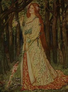 a painting of a woman standing in the woods next to trees and holding a flower