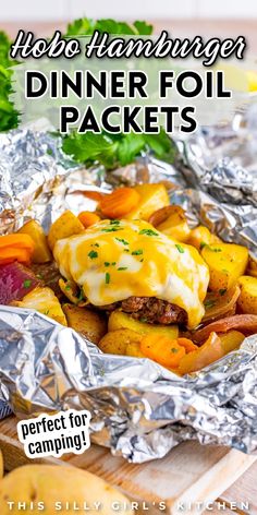 hobo hamburger dinner foil packets Dinner Foil Packets, Hamburger Dinner, Tin Foil Dinners, Camping Meal, Foil Packet Dinners, Foil Pack Meals, Foil Dinners, Meat And Potatoes, Foil Packet Meals