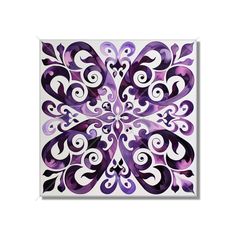 an artistic purple and white design on the wall in a square shape with swirls