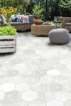 Outdoor and Indoor Hexagon Floor Tiles Outdoor Patio Flooring Ideas, Grey And Terracotta, Hexagon Floor Tiles, Outdoor Tiles Floor, Outdoor Tile Patio, Terrace Tiles, Hexagon Floor, Patio Pavers Design, Porch Tile