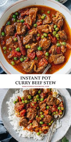 instant pot curry beef stew in a bowl with rice and peas