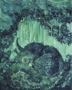 a painting of an owl sleeping in the woods