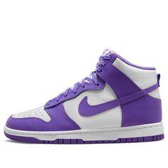 The Nike Dunk High 'Court Purple' is a stylish sneaker with a white leather base and a court purple covering layer, Swooshes, laces, tongue label, insoles and a rubber sole. The two-tone design is completed with a white nylon tongue and midsole. Perfect for any casual or streetwear look, this sneaker is inspired by the classic Nike Dunk series. With its comfortable fit and sleek design, the Nike Dunk High 'Court Purple' is a must-have for any sneakerhead. (SNKR/Skate/Mid Top/Women's/Non-Slip/Wear-resistant) Purple Lace-up High-top Sneakers, Purple Sneakers With Rubber Sole For Streetwear, Sporty Purple High-top Sneakers For Streetwear, Purple High-top Sneakers With Rubber Sole For Streetwear, Sporty Purple Skate Shoes With Boost Midsole, Purple Mid-top Sporty Sneakers, Sporty Purple Mid-top Sneakers, Purple Streetwear Sneakers With Contrast Sole, Purple Mid-top Sneakers With Boost Midsole