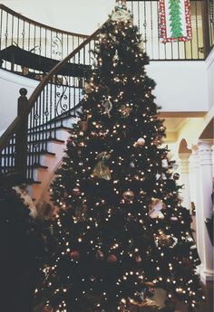 a large christmas tree sitting in the middle of a living room next to a stair case