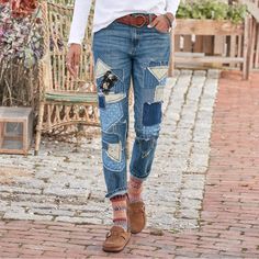 Straight Leg, Boyfriend-Cut Jeans In A Faded Wash With A Front Patches. 100% Machine Washable Cotton. 27" Inseam, 10-1/4" Rise, 12-3/4" Leg Opening. Cheap Recycled Denim Jeans With Five Pockets, Make Jeans Longer With Inserts, Heming Jeans Tutorials, Patching Holey Jeans, Patchwork Jeans For Women, Boho Patch Pants, Mending Kids Jeans, Rattoppo Jeans, Shorting Jeans