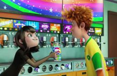 the animated character is talking to another person in front of a soda machine