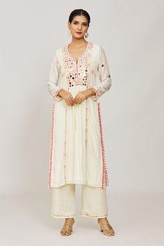 Shop for these amazing collections of Ivory Organic Cotton Embroidered Thread Sadhana Kurta And Palazzo Set For Women by Gopi Vaid online at Aza Fashions. Gopi Vaid, Kurta And Palazzo, Placement Embroidery, Long Kurta, Zari Embroidery, Palazzo Set, Embroidered Border, Zari Work, Dress Images