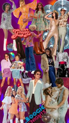 the collage shows many different people in disco outfits and costumes, including one man with glasses