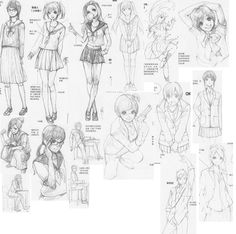 some anime character sketches are shown in black and white