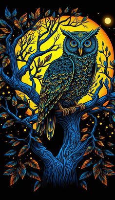 an owl sitting on top of a tree branch in front of a full moon with leaves